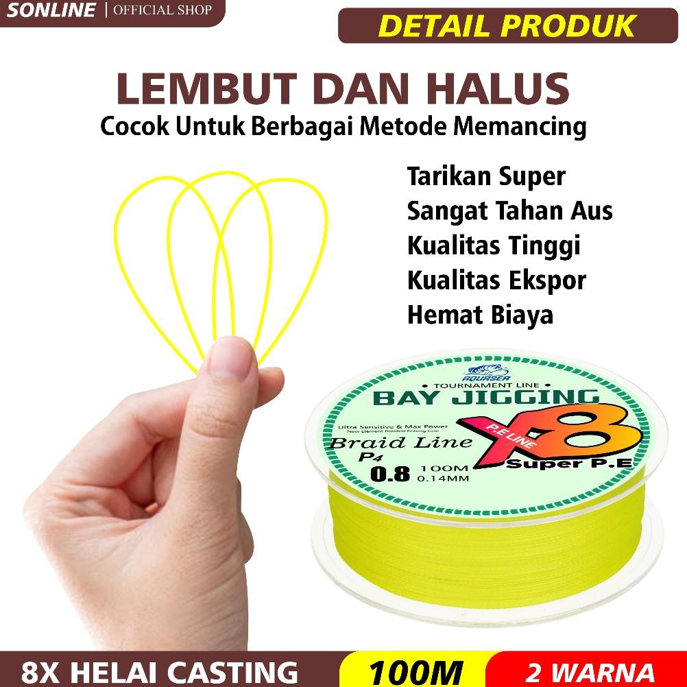 SONLINE - Senar Pancing Pe Warna Kuning 100M Pe Fishing Line Strength 5.5Kg-18Kg Sangat Kuat Senar P