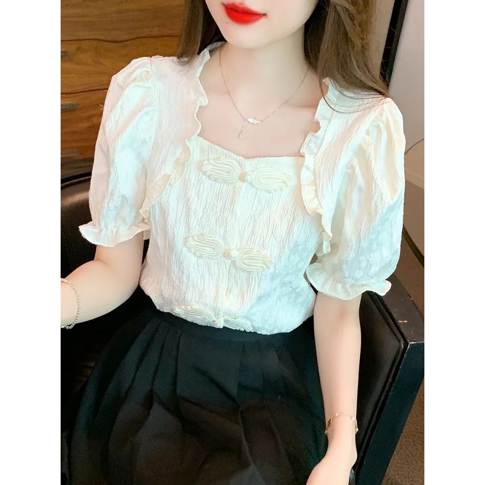 Atasan Kancing Retro Gaya Cina Baru T Baju Wanita KAOS