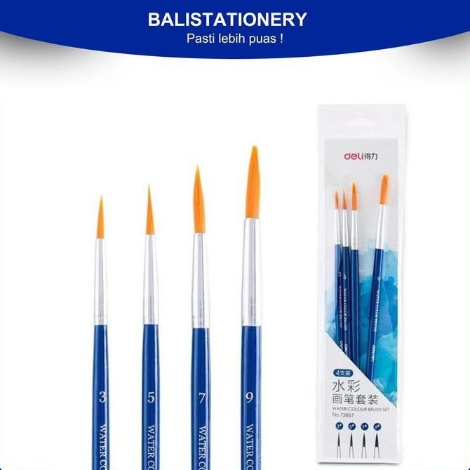 

] Deli 73867 Kuas Set 4 No. 3/5/7/9 Bulu Halus Presisi Warna Biru Metalik Cat Lukisan