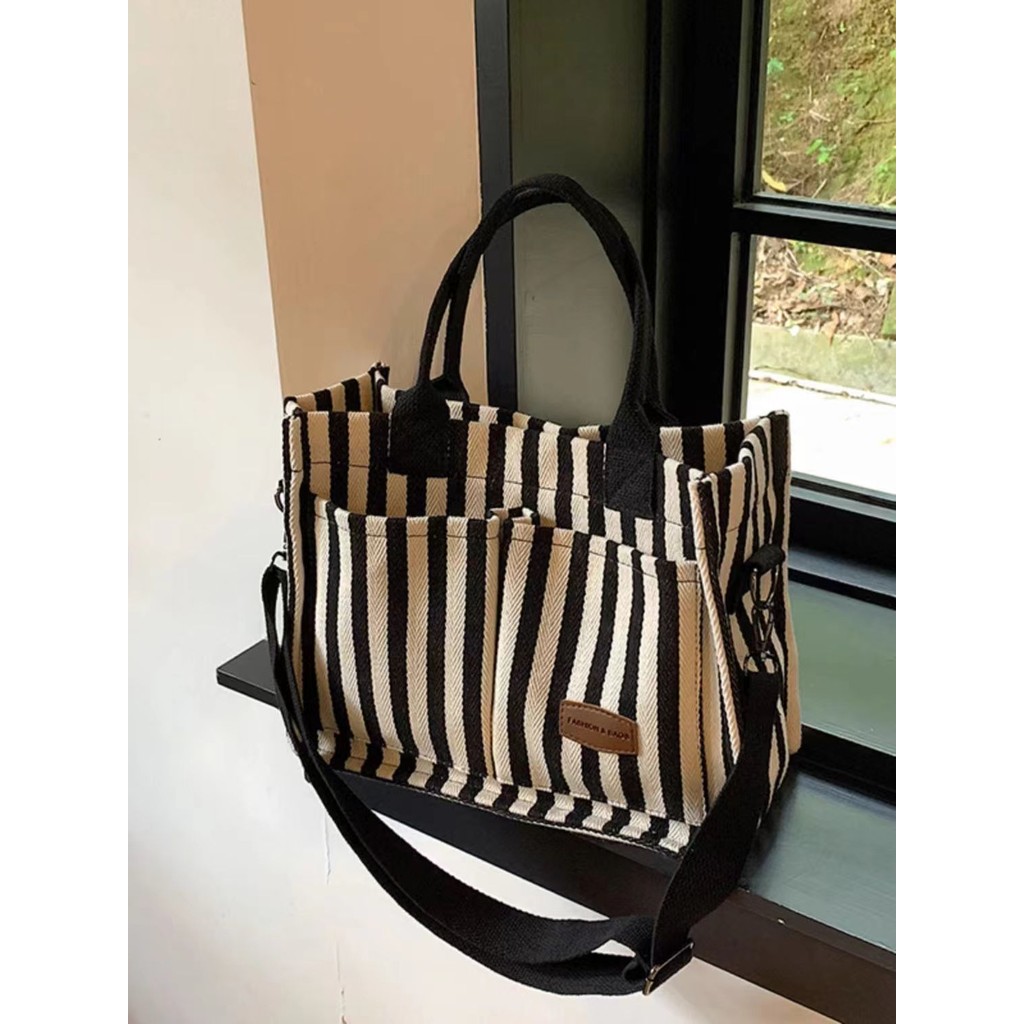 Tas Wanita Komuter Kapasitas Besar Tas Kanvas Bergaris Fashion Tas Selempang