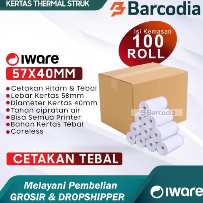 

TERMURAH - 1 DUS (100 Pcs) Iware 57x40 Kertas Thermal Roll Struk Kasir 57 x 40