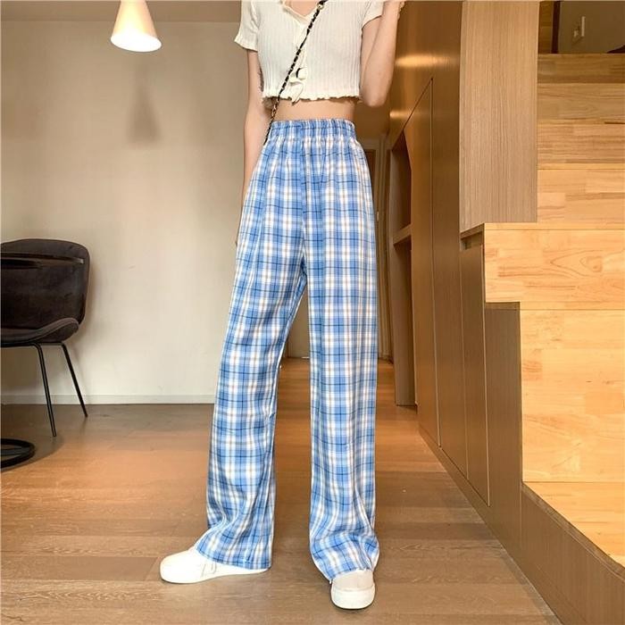 GDTima Celana kotak Kulot Highwaist Wanita Celana Korea Panjang Elastis Biru Celana Tartan 1101