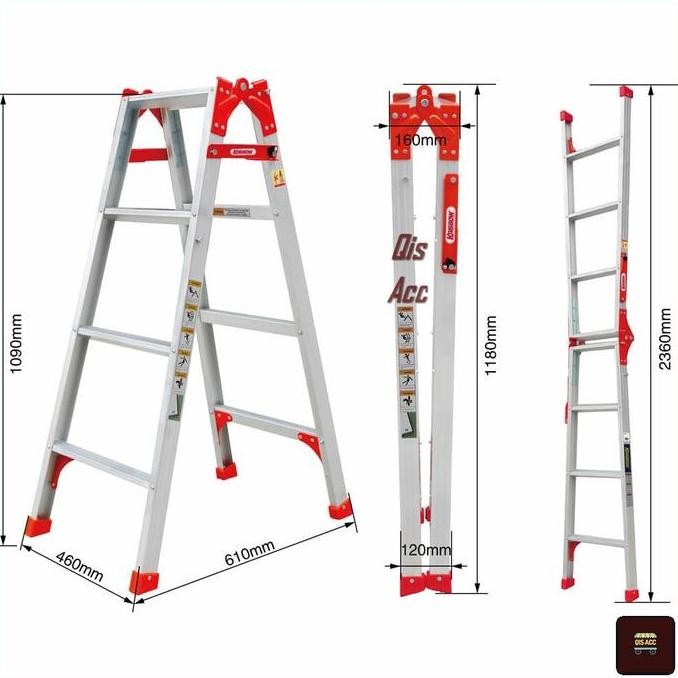 KRISBOW 2 in 1 Tangga Lipat Aluminium 4 Step Multi Use - Merah