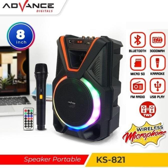 Speaker Portable Advance 8 Inch KS-821 Speaker Bluetooth 8 Inch Free 1 Mic Wireless