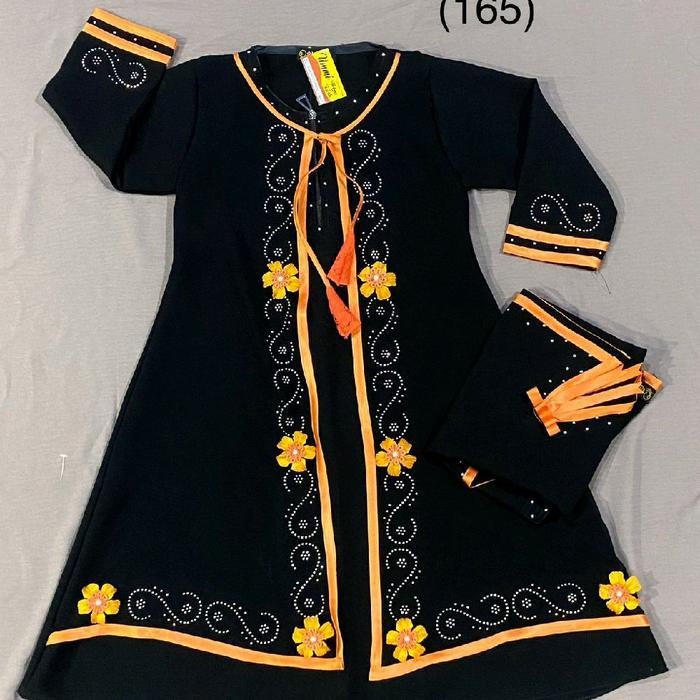 Aurora Baju Muslim Anak Perempuan Abaya Jetblack Bunga Kuning Orange Lime Katun Panjang Renda Syari 