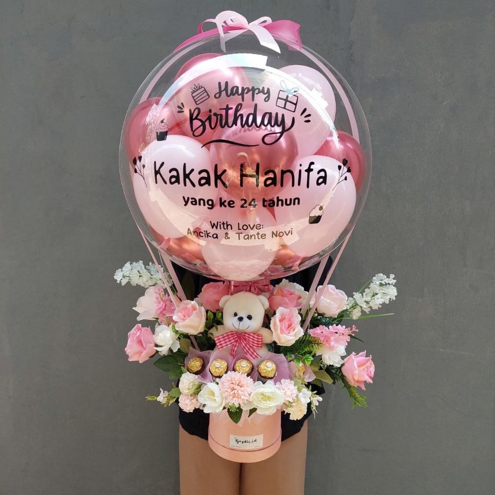 Bouquet Balon Buket Balon Balon Ucapan Box Large Full Bunga + Boneka Besar dan COKLAT FERERO + Box B