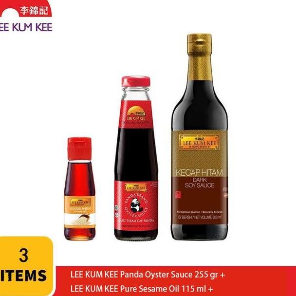 

Lee Kum Kee Panda Oyster Sauce 255 Gr Lee Kum Kee Pure Sesame Oil 115 Ml Lee Kum Kee Soy Sauce Dark Ml