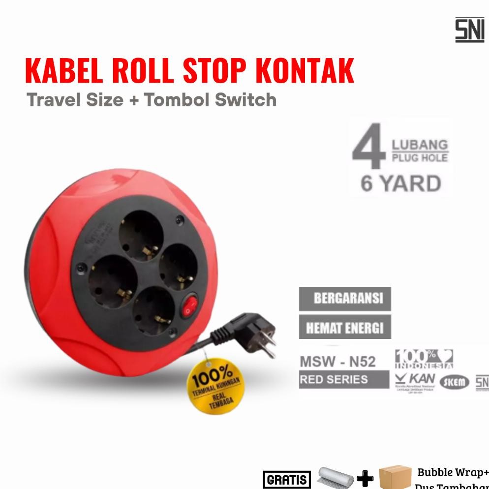 Siap Kirim Kabel Roll Listrik 4 Lubang + Saklar Terminal Box Kuningan Panjang 6 Yard SNI