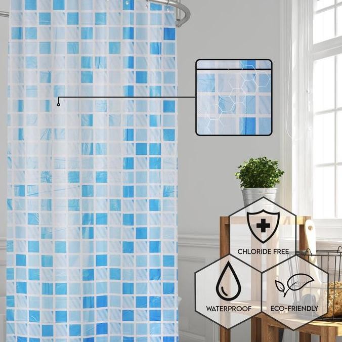 Tirai Kamar Mandi 180X180Cm Bahan Tebal - Tirai Shower Anti Air Peva Dengan Ring Hook - Shower Curta