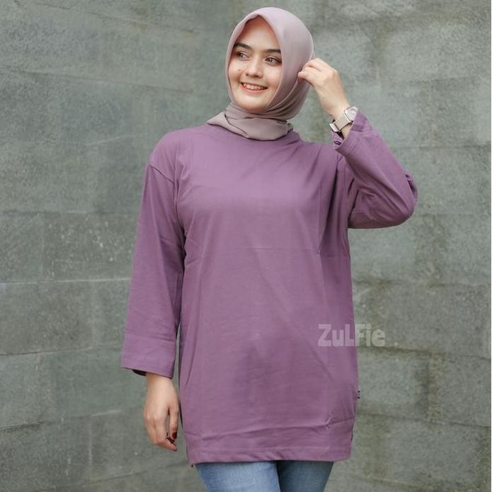 New Kaos Oversize Wanita Panjang Basic Polos Burgundy Lengan 7/8 Belah Pinggir Atasan Jumbo Dewasa M