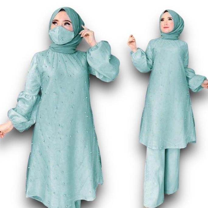 Setelan Syela/ Moscrepe Tile/ Celana Tunik/ Setelan Celana Brukat Tile/ Fashion Wanita Atasan Karet 