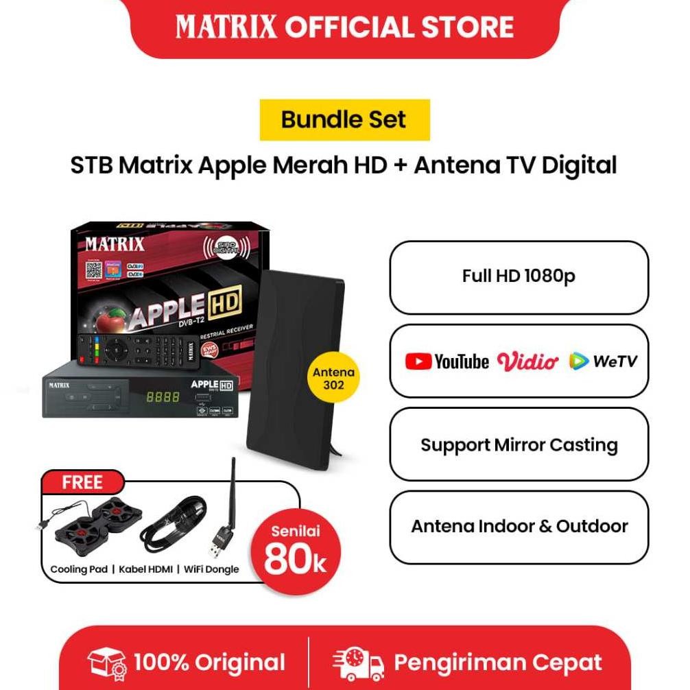 Bundle MATRIX Set Top Box Apple Merah DVBT2 HD + Antena TV Digital HD 302