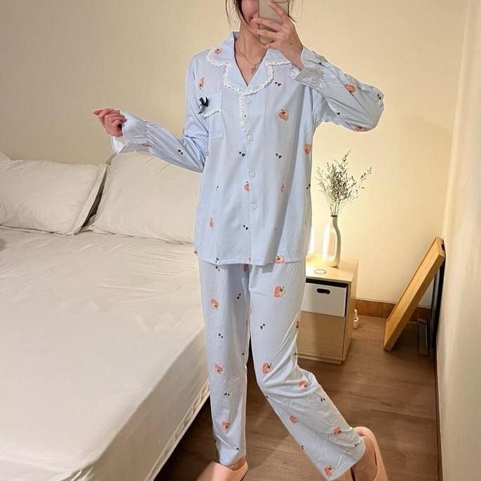 Lacey Strawberry Long Pajamas Set PP || piyama baju tidur wanita set korea import tangan celana panj