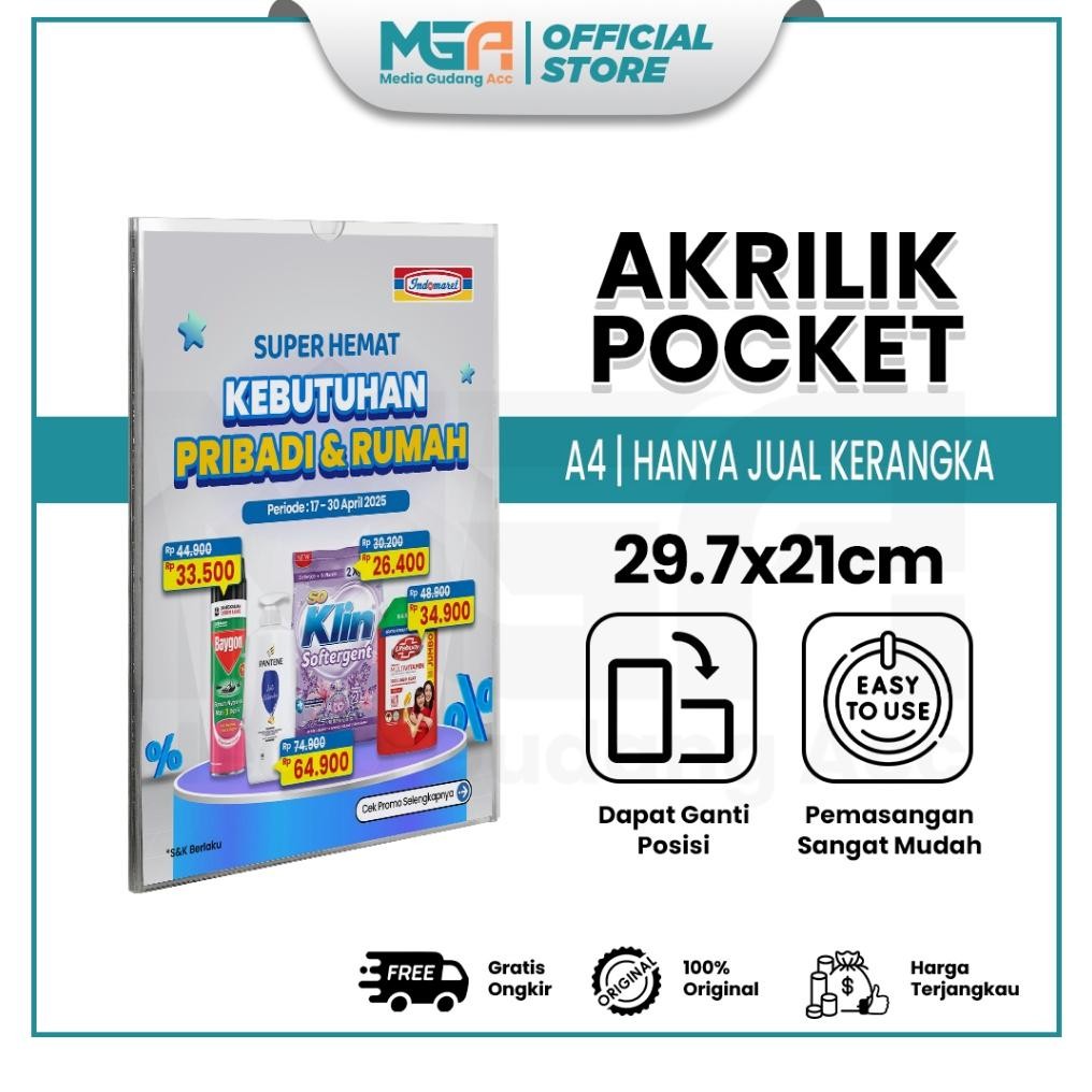 

Akrilik Pocket A4 2mm / Tempat Poster Tempel Dinding Akrilik - Sign Holder untuk Display Poster Marketing dan Promosi Nugi