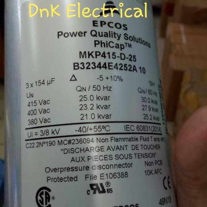 Capacitor/Capasitor/Kapasitor 25Kvar/25 Kvar 415V Epcos Mkp415-D-25 New Stok
