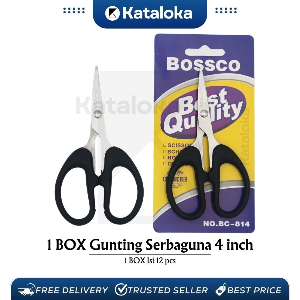 

1 Box isi 12 Gunting Scissors BOSSCO (4 inch~6 Inch-8 Inch) BC-814~816~818 Nugi