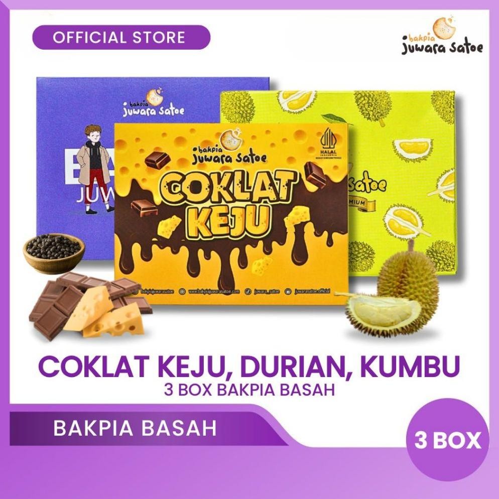 

NO_MORE BAKPIA JUWARA SATOE [ 3 Box ] Paket Bakpia Basah (Coklat Keju, Durian, Kumbu) - Oleh Oleh Khas Jogja