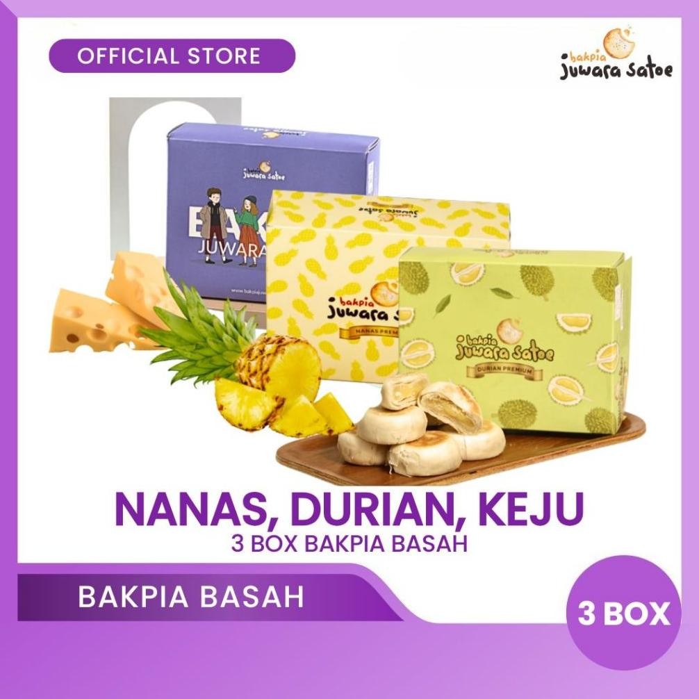 

NO_MORE BAKPIA JUWARA SATOE [ 3 Box ] Paket Mix Combo Bakpia Basah (Nanas, Durian, Keju) - Oleh Oleh Khas Jogja
