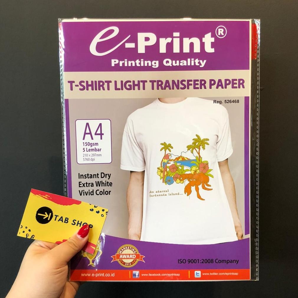 

TAB SHOP - EPRINT LIGHT TSHIRT TRANSFER PAPER A4 150 GSM 5 LEMBAR - E-PRINT KERTAS TRANSFER SABLON BAJU TERANGA4 150 GSM 5 LEMBAR Nugi
