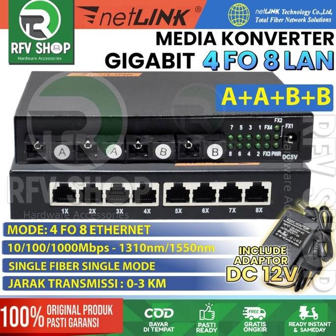 TERMURAH - GIGABIT MEDIA CONVERTER 4 FO 8 LAN FIBER OPTIK SWITCH KONVERTER HTB