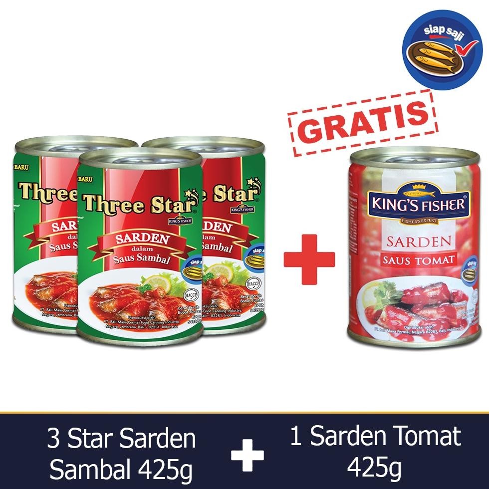 

NO_MORE King's Fisher Three Star Paket 4 pcs Sarden saus Sambal Tomat 425g Makanan Kaleng