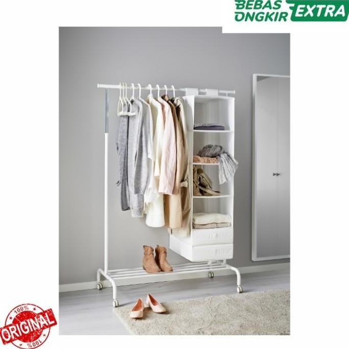 Rak Besi Baju Standing Beroda/Rak Gantungan Baju & Celana Kokoh_Putih