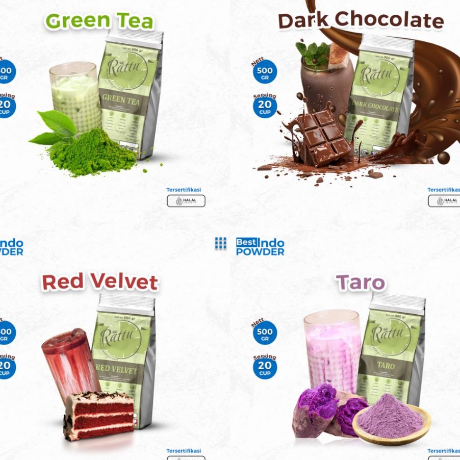 

Rattu Beverage Greentea Red Veet Alpukat Taro Coklat Powder Gr Bubuk Minuman Pudding
