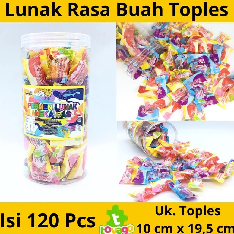 

Permen Lunak Rasa Buah Toples Isi 120 Pcs Grosir (Lunak Rasa Buah Toples @120 Toyago Toys) aSt