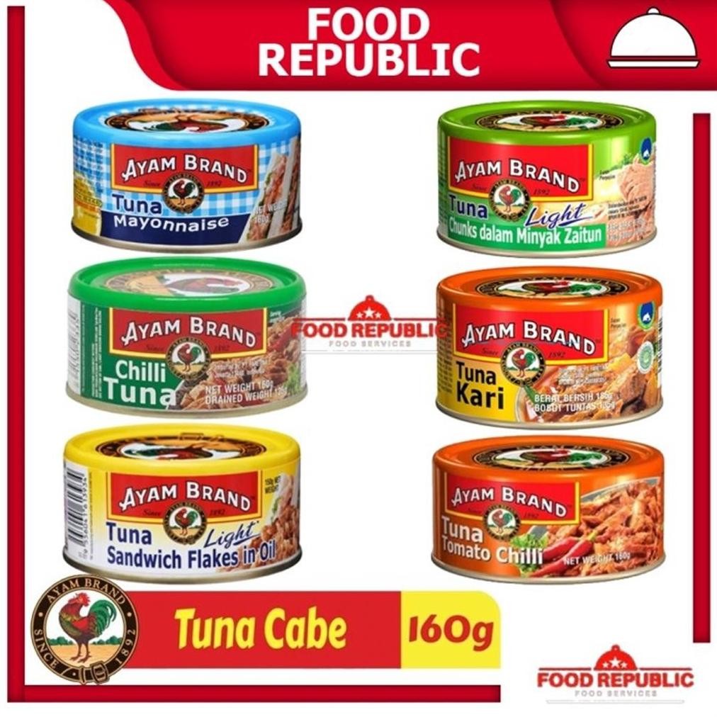 

AYAM BRAND 160 GR IKAN TUNA KALENG RASA TOMAT CHUNKS IN OIL CABE CURRY OLIVE OIL MAYONAISE aSt