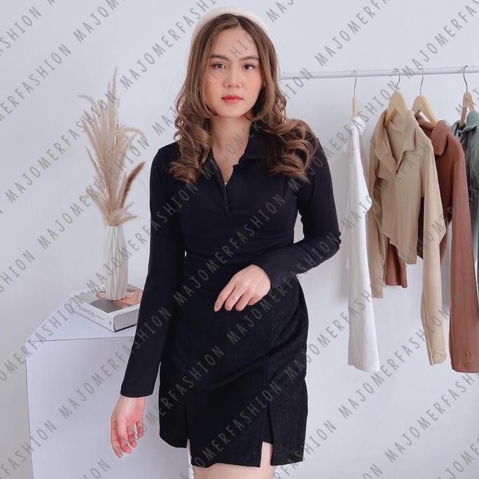 MAJOMER  | KILO CROP TOP LENGAN PANJANG - CROP TOP V KERAH RIB POLO - KAOS WANITA LJ