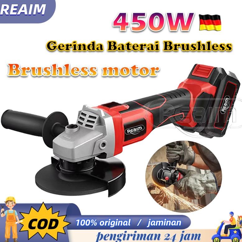 REAIM Brushless 450W Gerinda Baterai 4Inch Mesin Gerinda Baterai Tangan Cordless Angle Grinder Mesin