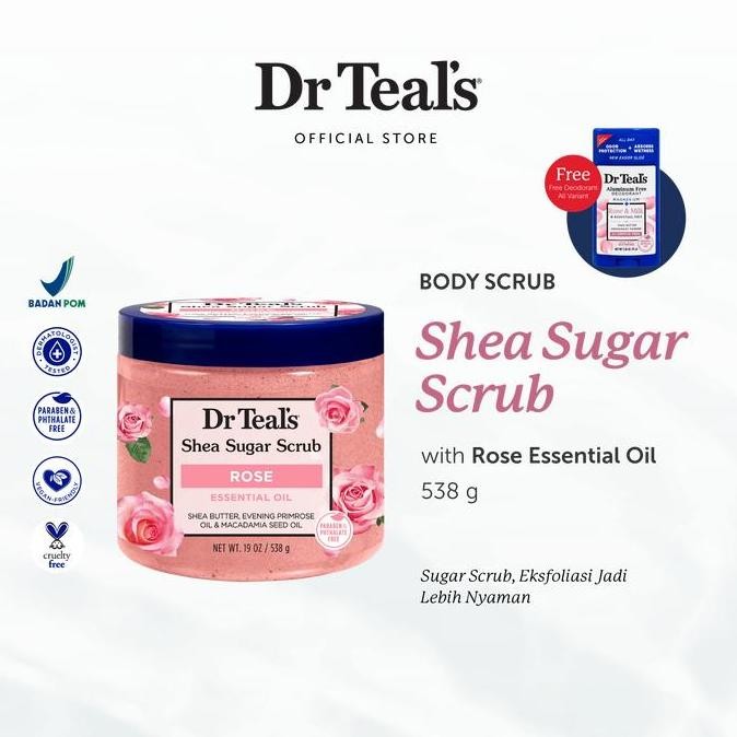 NEW [ BUY 1 FREE DEODORANT ] Dr Teal's Shea Sugar Scrub/Eksfoliasi Kulit Pure Epsom Salt - Rose Esse