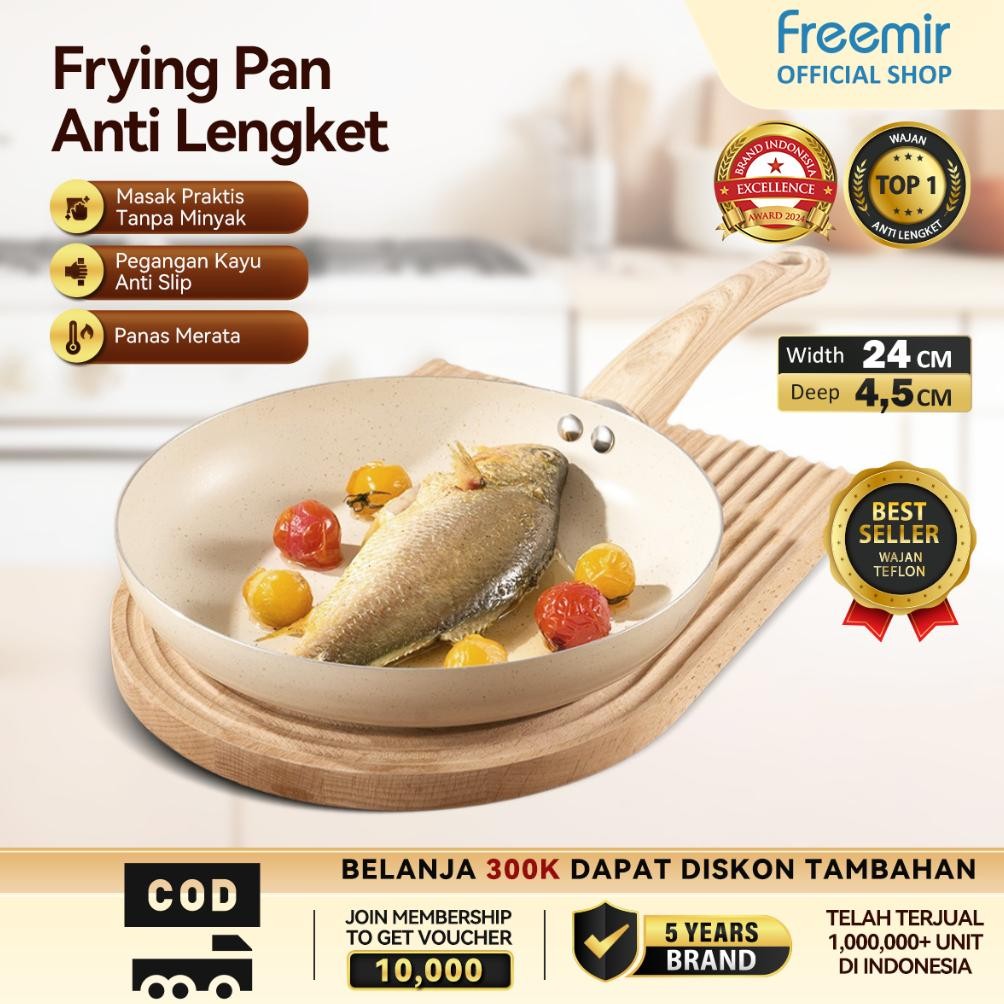 [Official] Freemir Wajan Penggorengan 24 Cm Anti Lengket Gagang Kayu Serbaguna