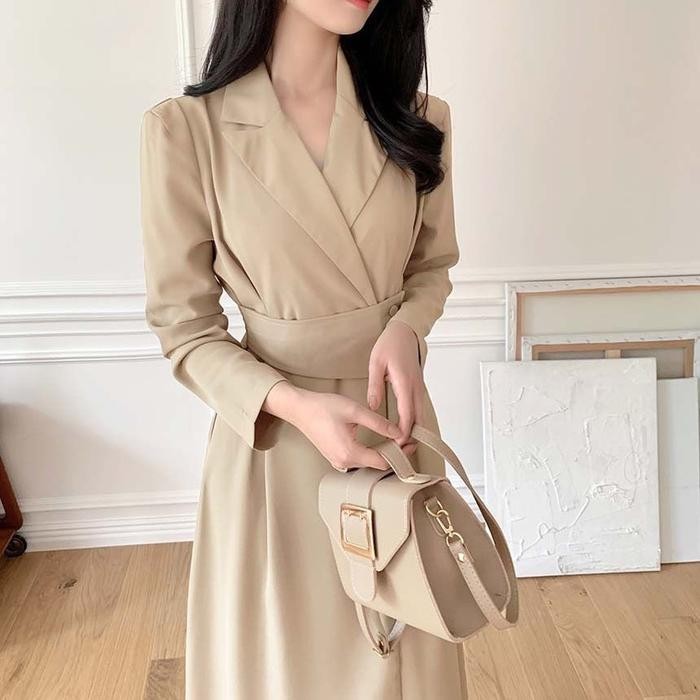 Dd Bian Dress Korean Simple Basic Polos Dinner Casual Gaun Formal Sopan Rapi Lengan Panjang White Bl