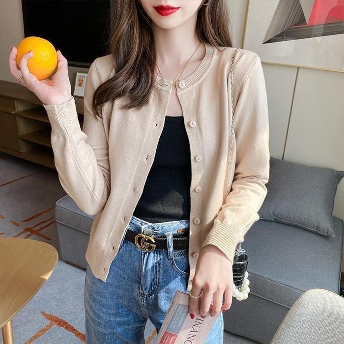 Sz Kardigan Rajutan Tipis Warna Polos Ramping Lengan Panjang Serbaguna Baru Knitwear Wanita Atasan C