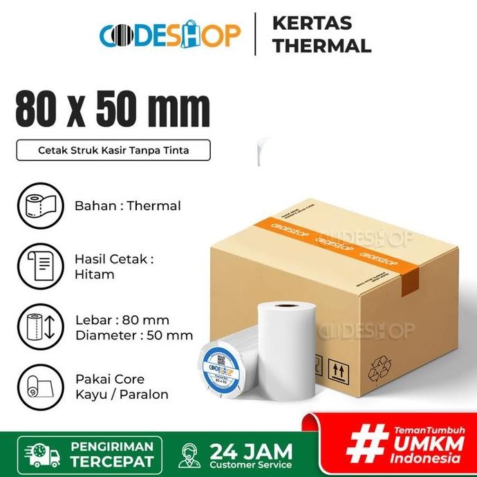 

TERBARU - 1 Dus - Kertas Thermal Codeshop 80x50 mm Struk Kasir Printer