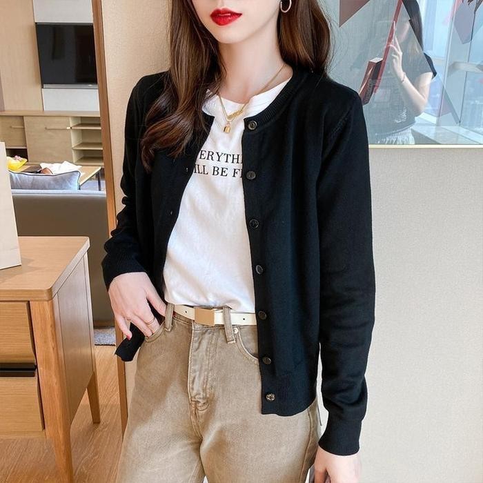 Ysn Kardigan Rajutan Tipis Warna Polos Ramping Lengan Panjang Serbaguna Baru Knitwear Wanita Atasan 