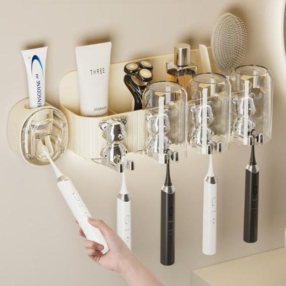 Tiang Gantung Gelas Sikat Gigi Beruang Tanpa Bor Alat Pemeras Pasta Gigi Otomatis