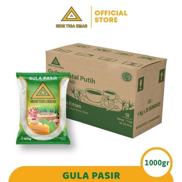 

Baru Gula Pasir Segi Tiga Emas 1Kg x 20pcs / Dus - Gula Kristal Putih Kartonan