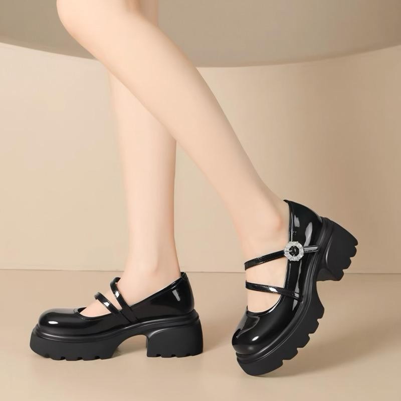 Uw Sepatu Pantofel Kerja Wanita Gita Hitam Gesper Tinggi 5 Cm Docmart Maryjane Shoes Fashion Koreaan