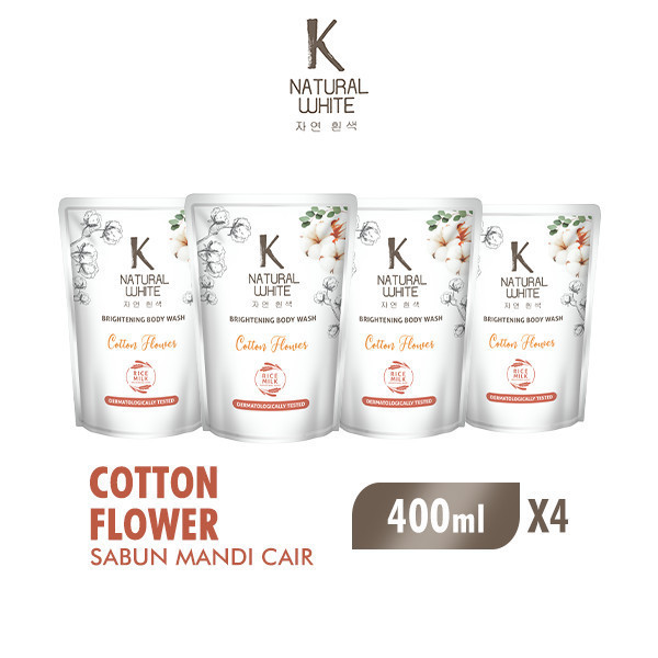 K Natural White Sabun Mandi Cair Cotton Flower Pouch 400 ml x4