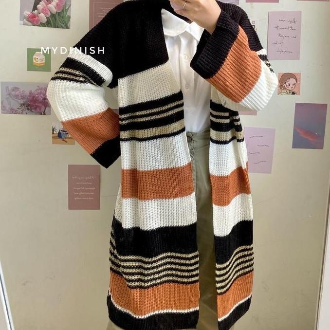 Promo Lavenia Long Cardigan Rajut Wanita Motif Garis Kekinian