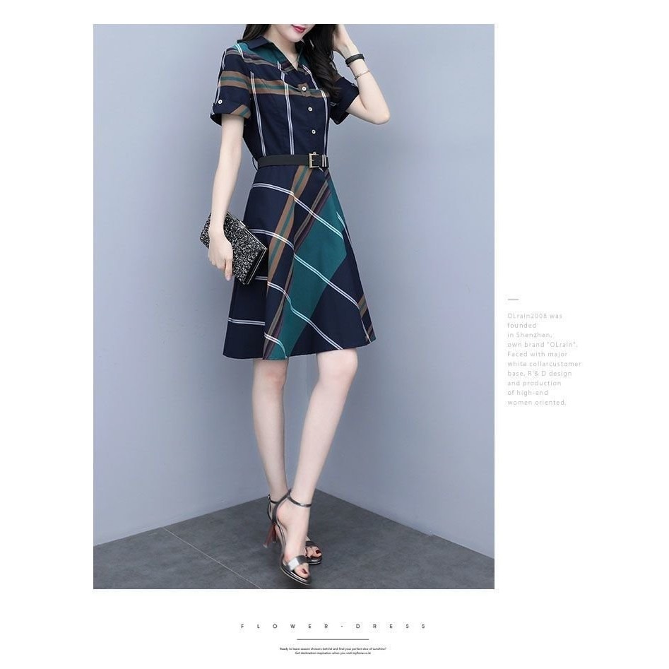 Gaun Kotak-kotak Elegan Baru Wanita, Gaun Kemeja Cetak Fashion