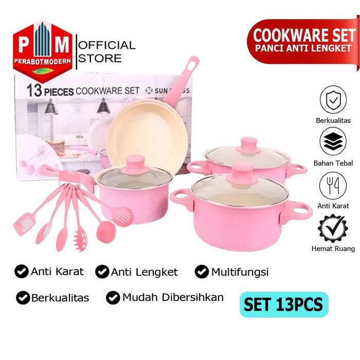 [Cod] - Panci Teflon Marble - 13Pcs Cookware Set Tutup Kaca | Cookware Panci Set Wajan Penggorengan 