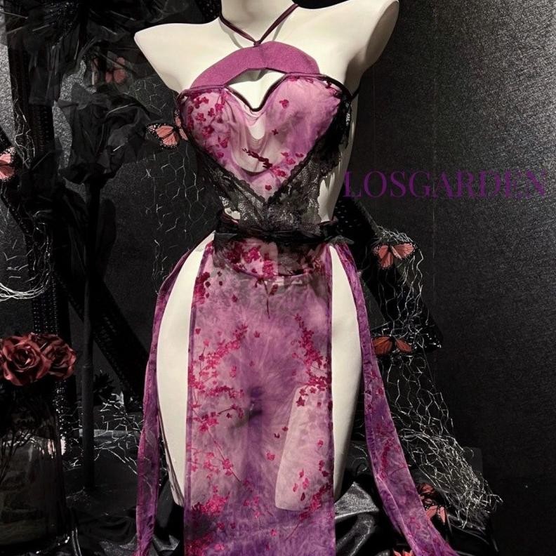 [Purelove]Set Lingerie Seksi Cheongsam Renda Transparan Ungu