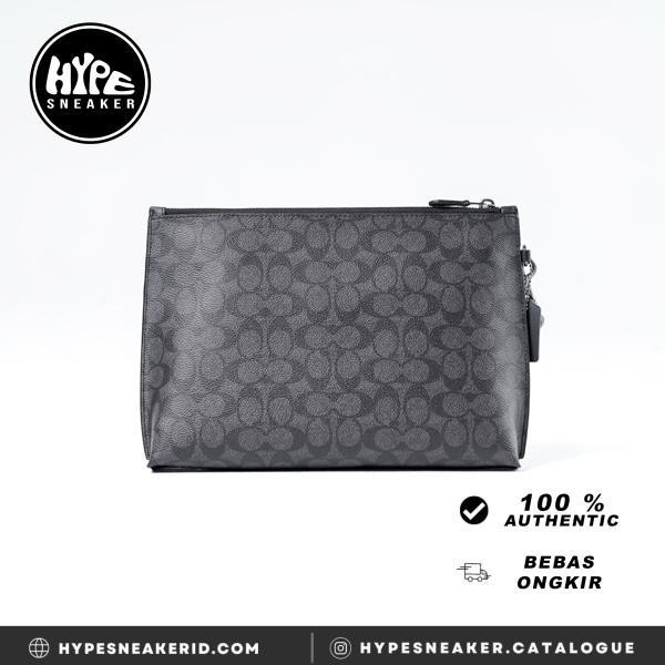 SC Tas COACH MONOGRAM LINE BLACK ZIP CLUTCH WITH HANDLE 100% ORIGINAL