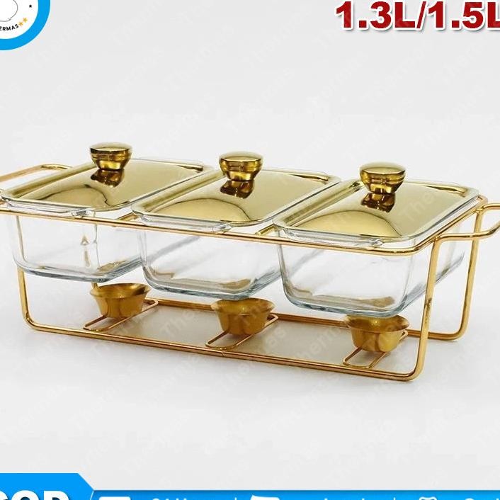 Prasmanan Warmer 3 Grid Prasmanan Kaca 3In1 Wadah Makanan Mewah Prasmanan Transparan Kapasitas 1.31.