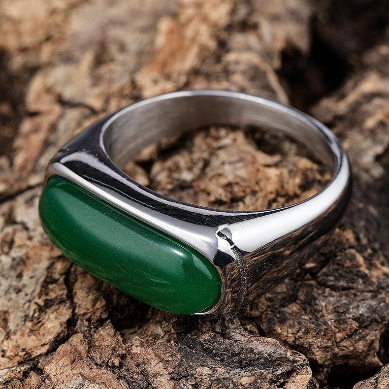 Cincin Jari Persegi Panjang Batu Akik Zamrud Baja Titanium Poles Emas Perak Sederhana Untuk Pria Per