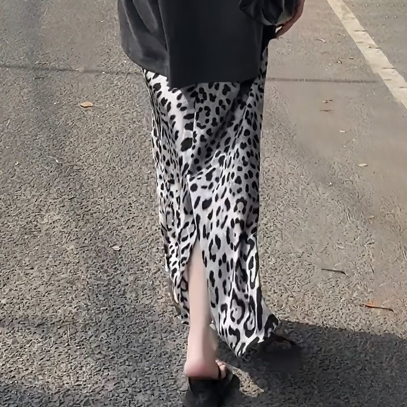 Rok Belah Fashionable Cetakan Macan Tutul untuk Wanita, Rok Panjang Plus Size Pinggang Tinggi Baru