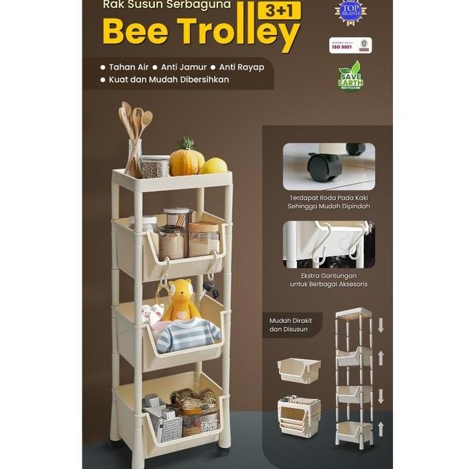 (Instan) Bee Trolley Napolly -  Keranjang Laundry Basket Dapur Pakaian Baju 3 Susun | Toy Storage Ra